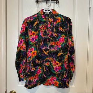 Vintage Joyce Lane printed long sleeve pointed collar blouse with 1/4 zip